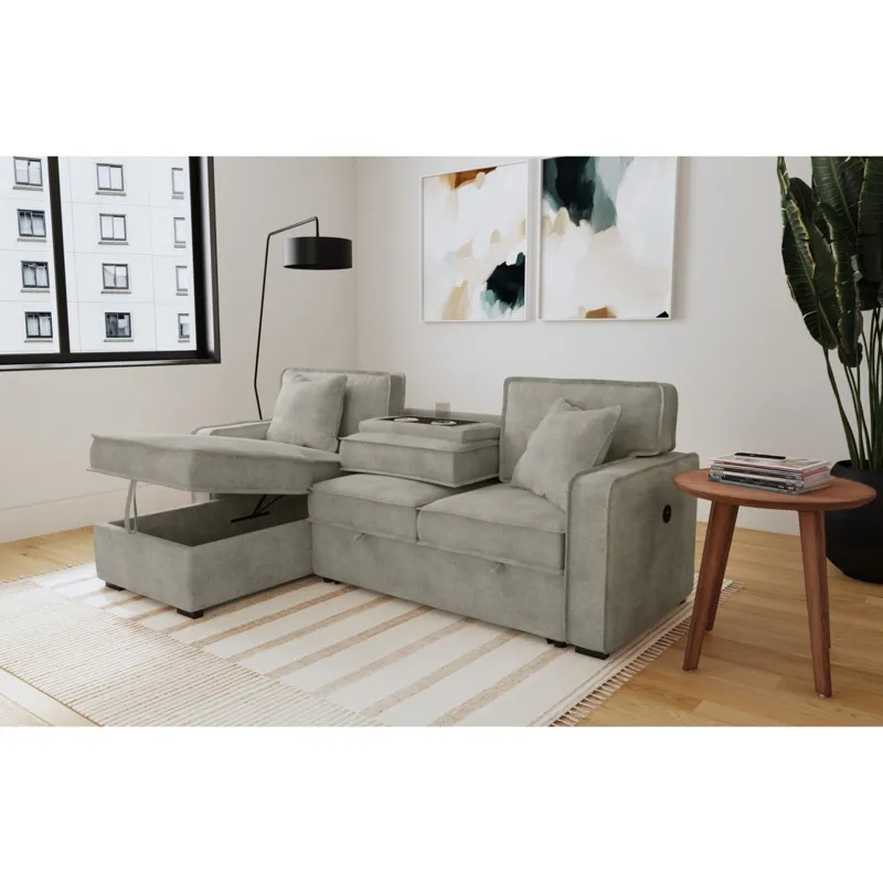 Caracas Sectional Sleeper Chofa with Pull Bed, Drop Table & USB in Flex Dove