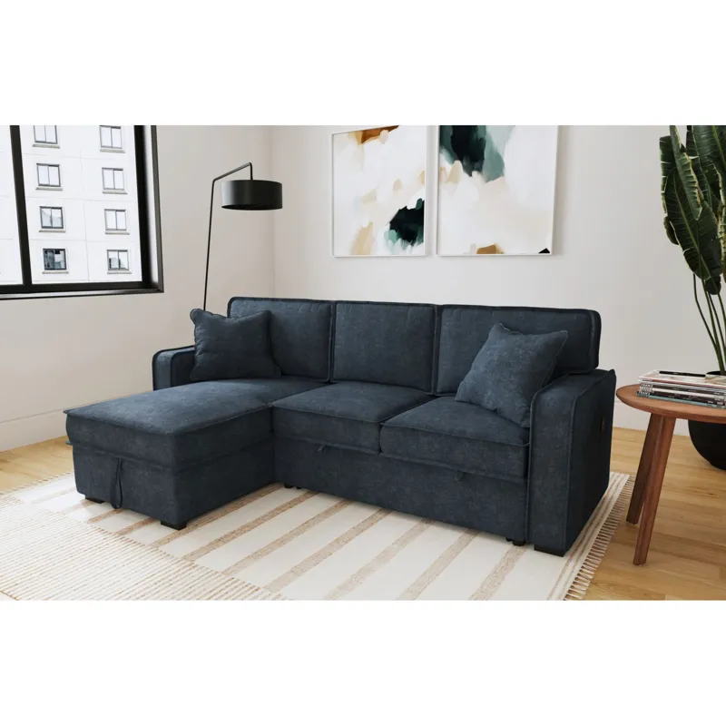 Caracas Sectional Sleeper Chofa with Pull Bed, Drop Table & USB in Eclipse Blue