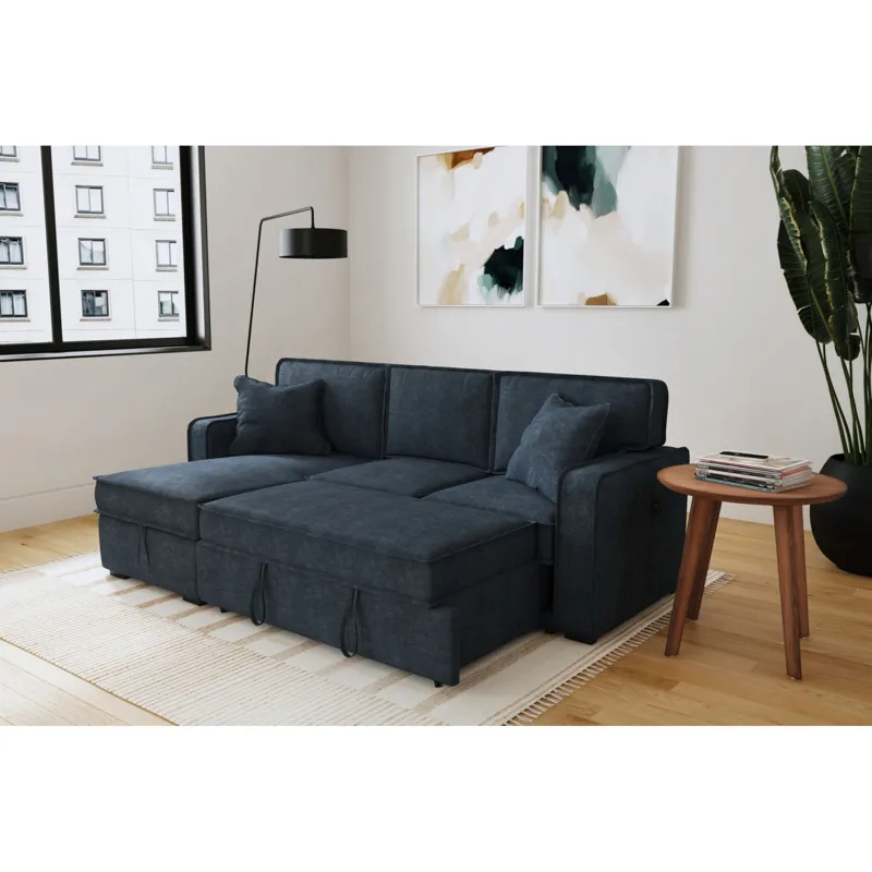 Caracas Sectional Sleeper Chofa with Pull Bed, Drop Table & USB in Eclipse Blue