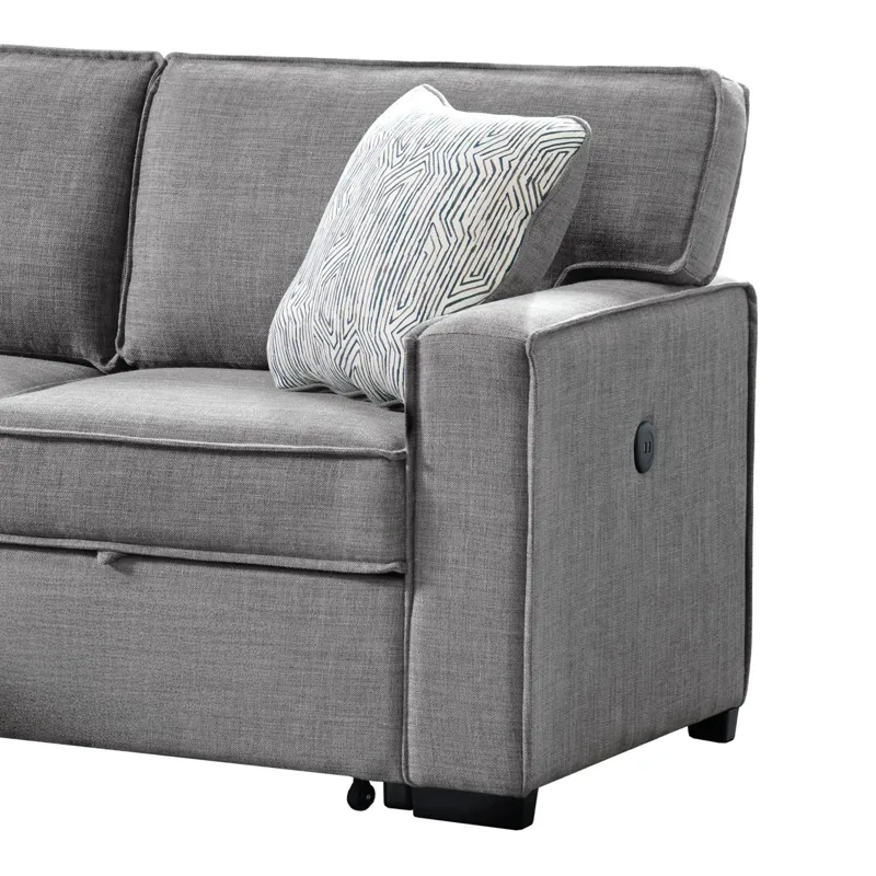 Caracas Sectional Sleeper Chofa with Pull Bed, Drop Table & USB in Palmer Grey