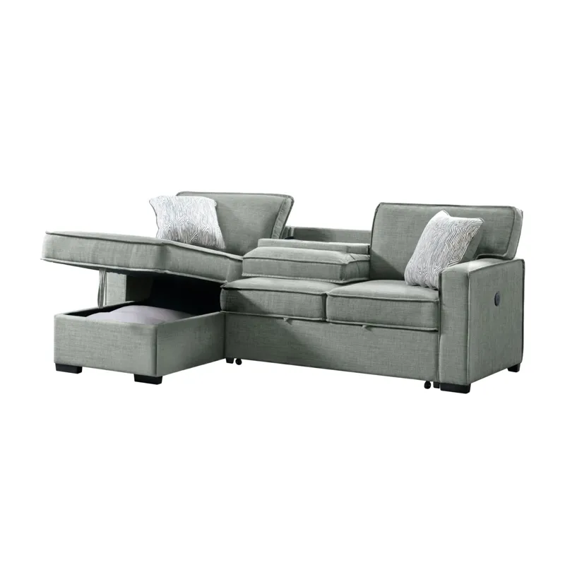 Caracas Sectional Sleeper Chofa with Pull Bed, Drop Table & USB in Palmer Grey
