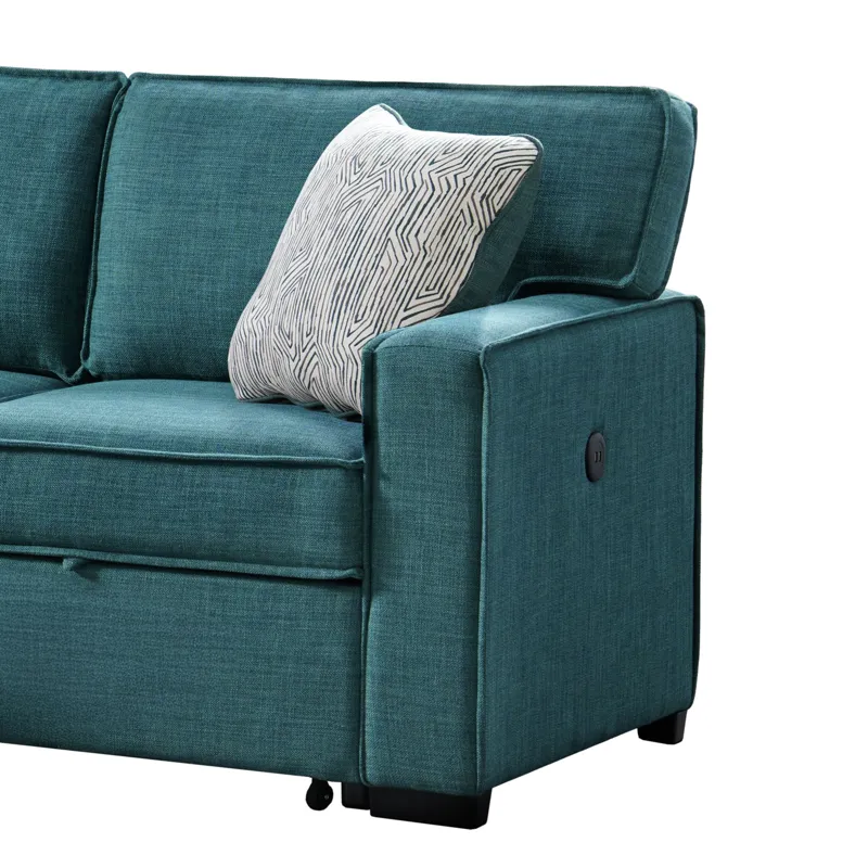 Caracas Sectional Sleeper Chofa with Pull Bed, Drop Table & USB in Palmer Teal