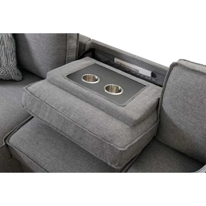 Caracas Sectional Sleeper Chofa with Pull Bed, Drop Table & USB in Palmer Grey