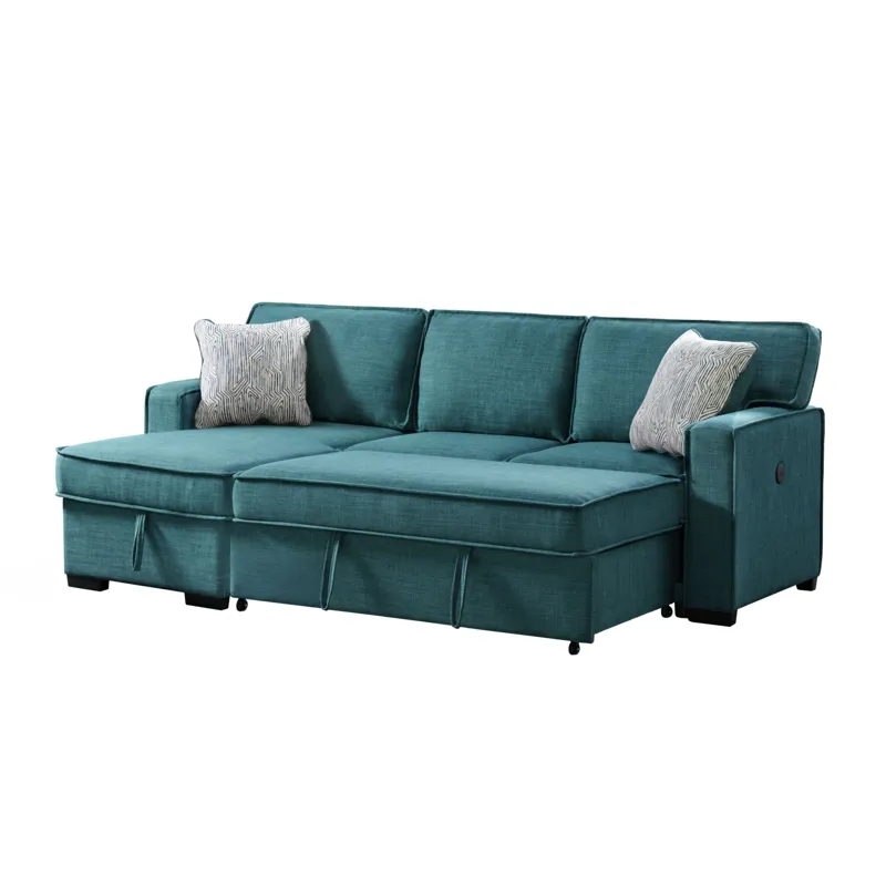 Caracas Sectional Sleeper Chofa with Pull Bed, Drop Table & USB in Palmer Teal