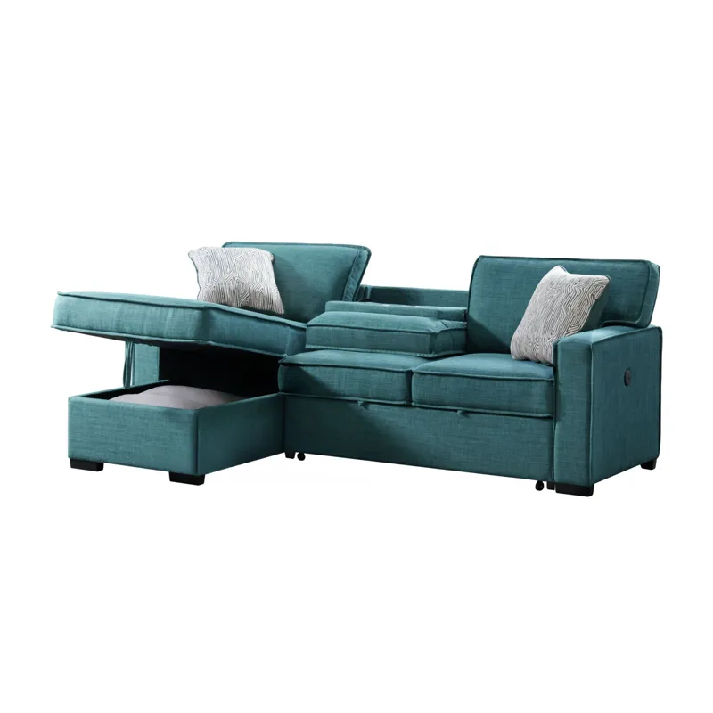 Caracas Sectional Sleeper Chofa with Pull Bed, Drop Table & USB in Palmer Teal