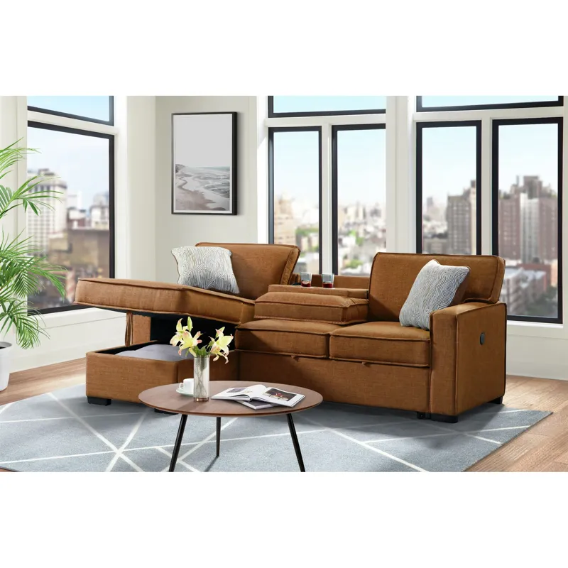 Caracas Sectional Sleeper Sofa with Drop Table & USB in Palmer Russet