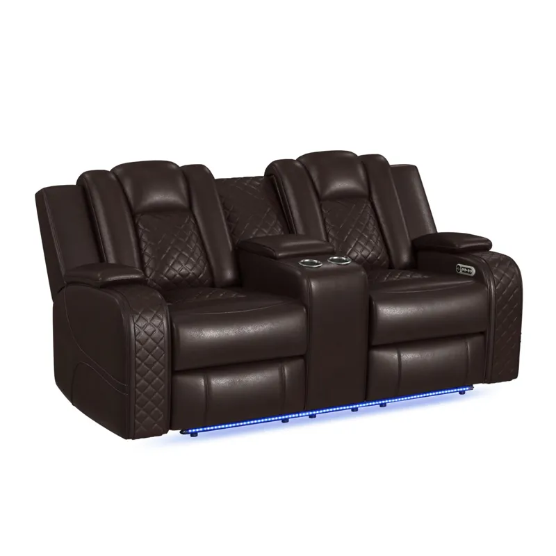 Carlo Power Motion Loveseat with Power Headrest, Console, LED and Wireless Charger in Pebble Brown
