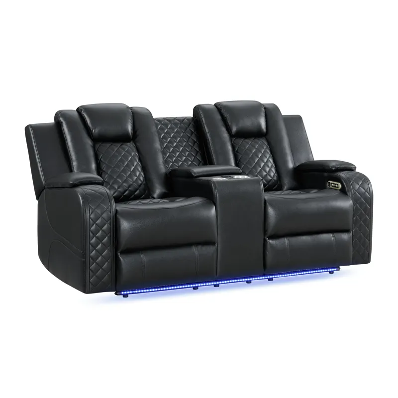 Carlo Power Motion Loveseat with Power Headrest, Console, LED and Wireless Charger in Pebble Black