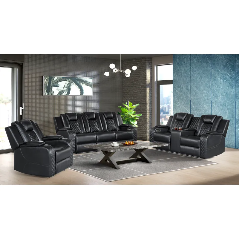 Carlo Power Motion Loveseat with Power Headrest, Console, LED and Wireless Charger in Pebble Black