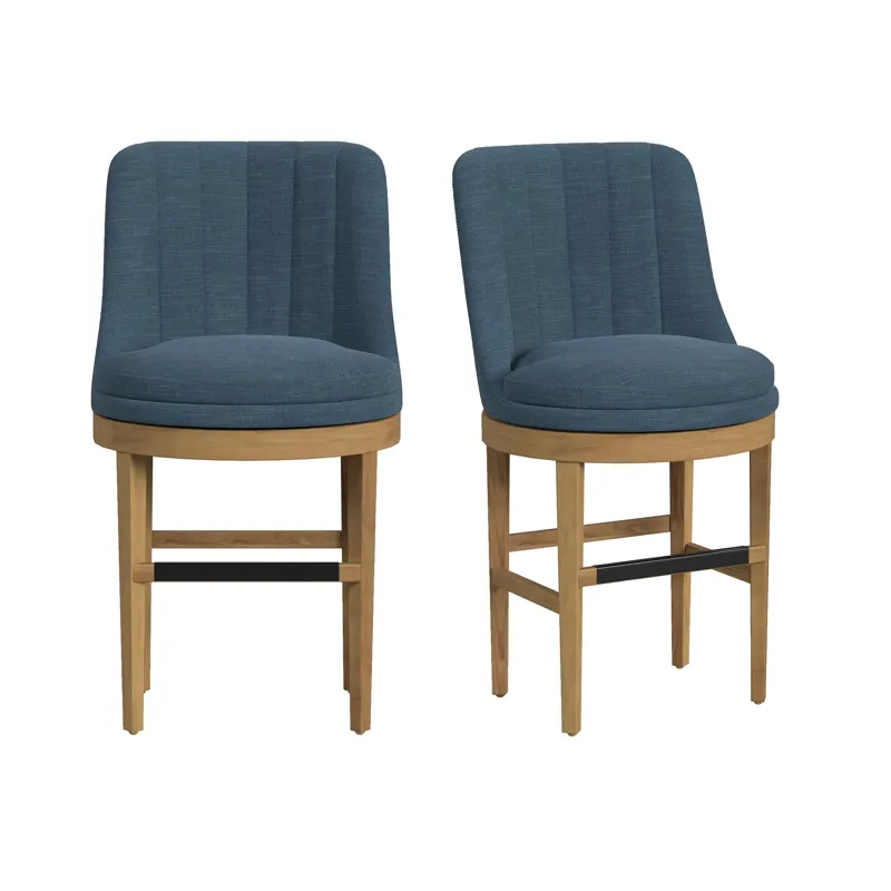 Carmen Swivel Counter Stool with Blue Fabric in Natural (2 Per Carton)