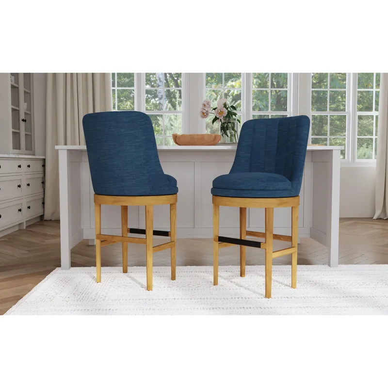 Carmen Swivel Counter Stool with Blue Fabric in Natural (2 Per Carton)