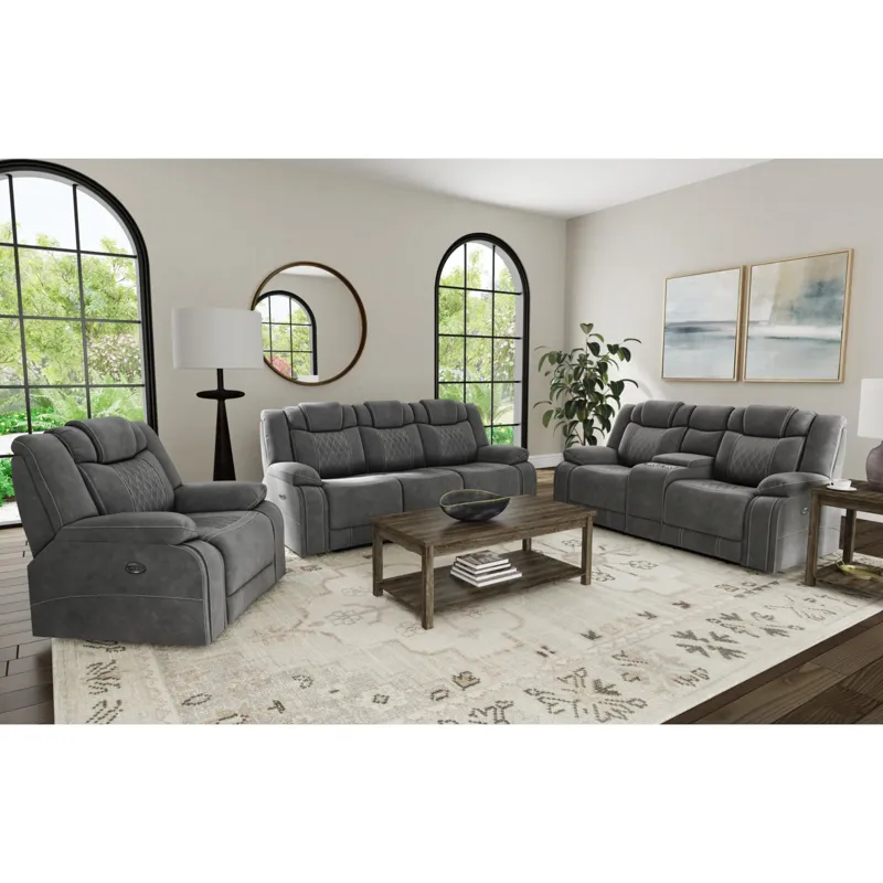 Elantra Power Motion Sofa in Pyxis PU Grey with Self Welts