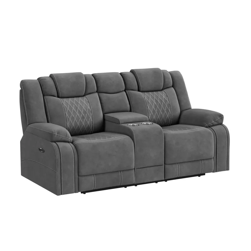 Elantra Power Motion Loveseat with Console in Pyxis PU Grey with Self Welts
