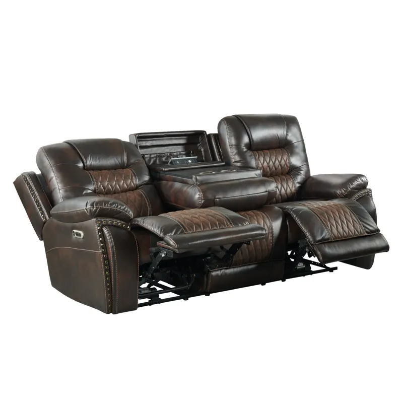 El Camino Power Motion Sofa with Power Headrest, Power strip and Dropdown Table in Marietta Brown