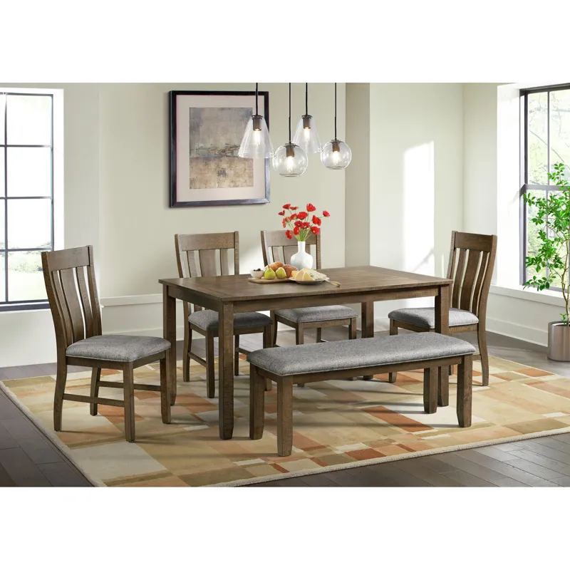 Everett 6PC Dining Set (Table + 4 Chairs + Bench) in Brown Acacia