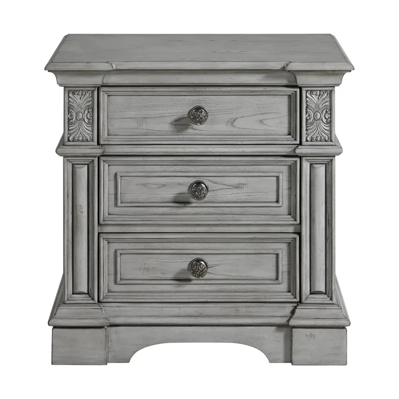Glenmore 3-Drawer Nightstand with USB in Aged Grey