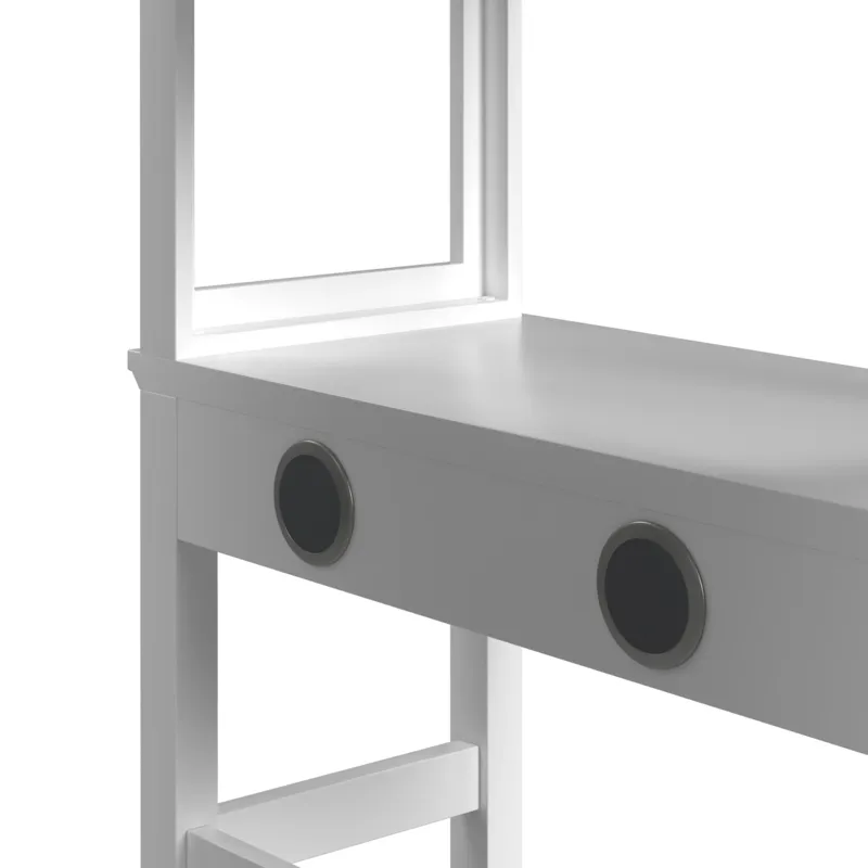 Hampton Kids Twin Loft with Ladder and Desk with Speaker in White