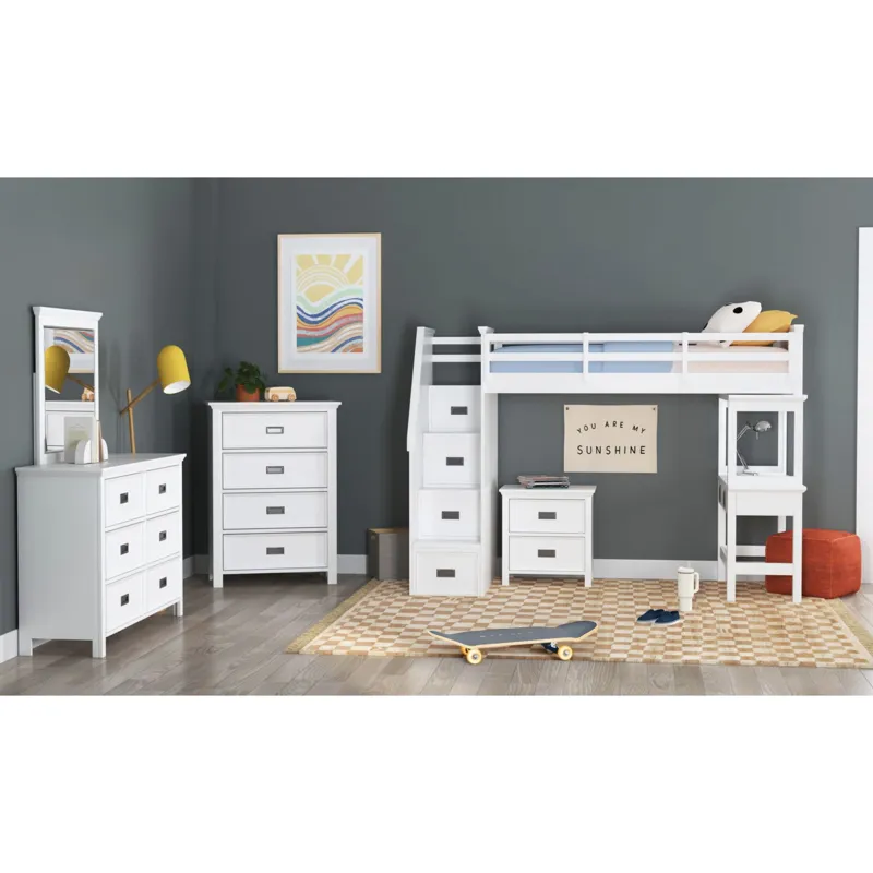 Hampton Kids Twin Loft with Staircase and Desk with Speaker in White