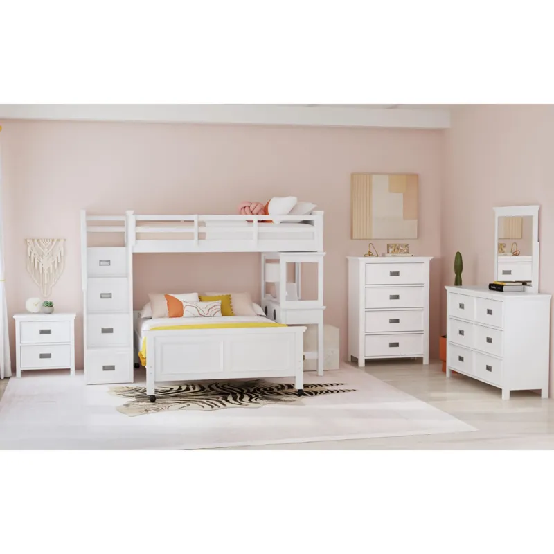 Hampton Kids Twin Over Full Loft with Staircase and Desk with Speaker in White