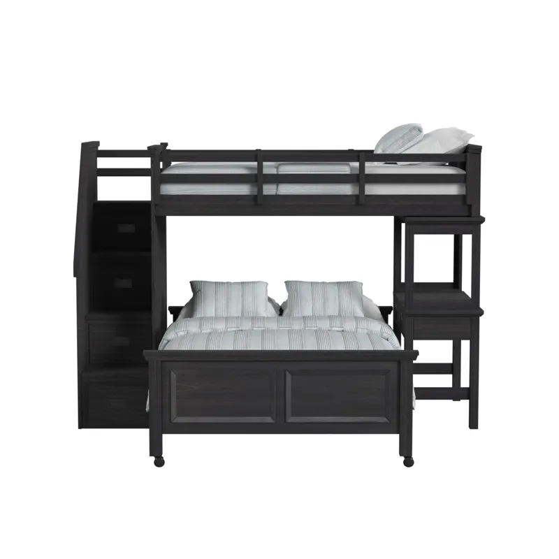 Hampton Kids Twin Over Full Loft with Staircase and Desk with Speaker in Charcoal