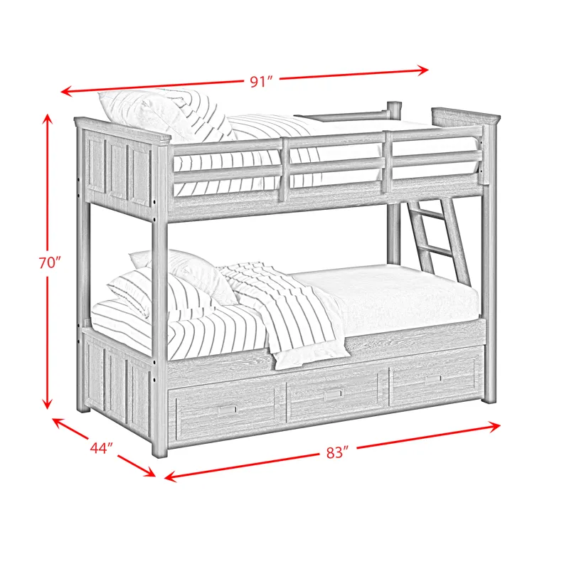 Hampton Kids Twin Over Twin Bunk with Ladder and Trundle in White