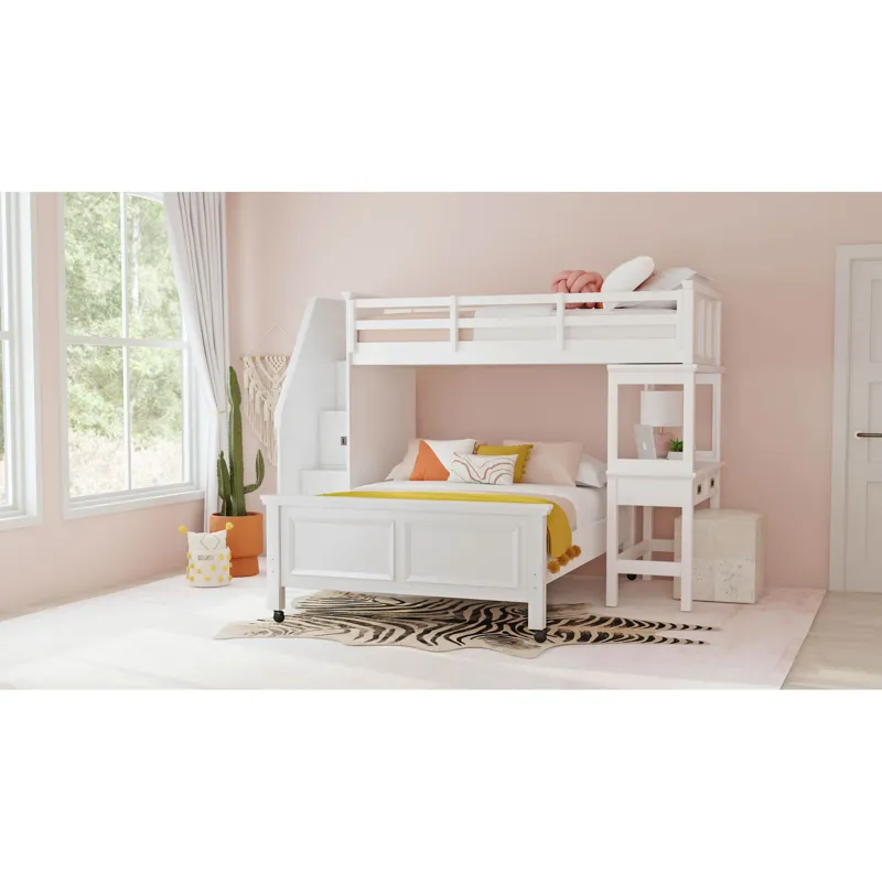 Hampton Kids Twin Over Full Loft with Staircase and Desk with Speaker in White