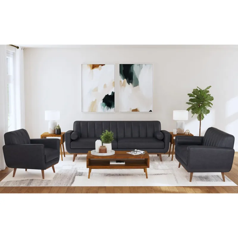 Horizon Sofa with Wood Front and 2 6\" bolster Pillows in Pebble Navy
