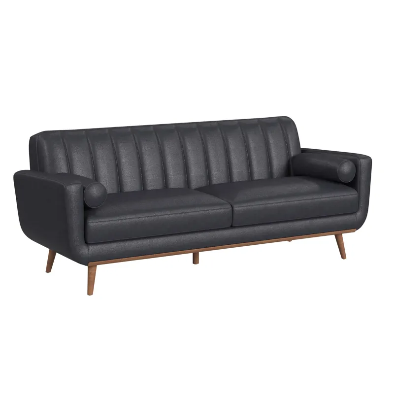 Horizon Sofa with Wood Front and 2 6\" bolster Pillows in Pebble Navy