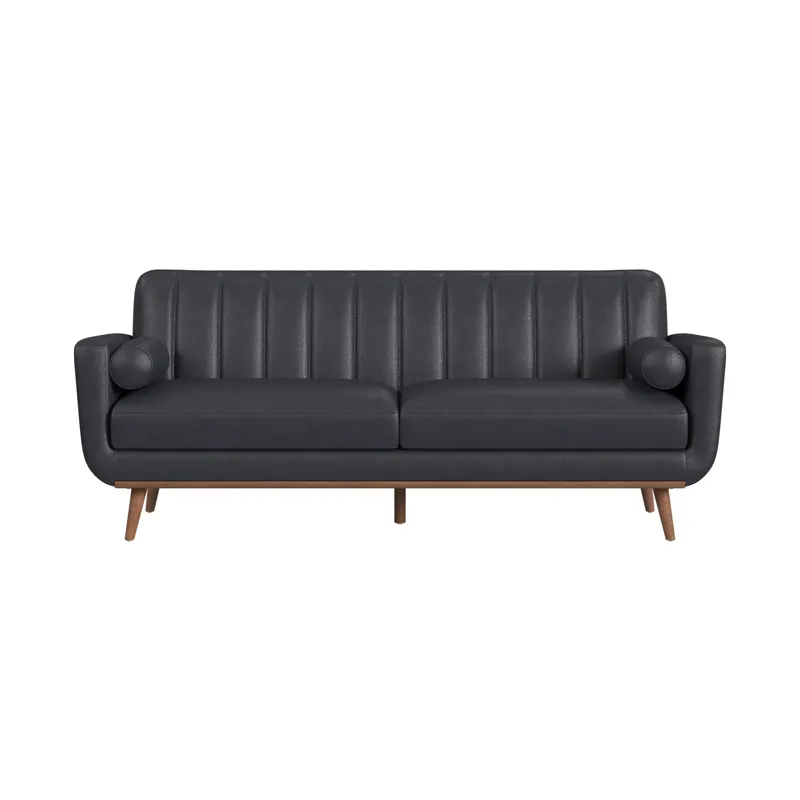 Horizon Sofa with Wood Front and 2 6\" bolster Pillows in Pebble Navy