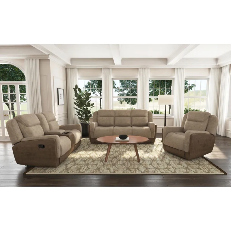 Hornet Motion Sofa with Drop Table and PWS in Rancho Beige