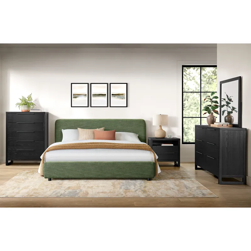 Island King UPH Panel Bed in Noha Green Fabric
