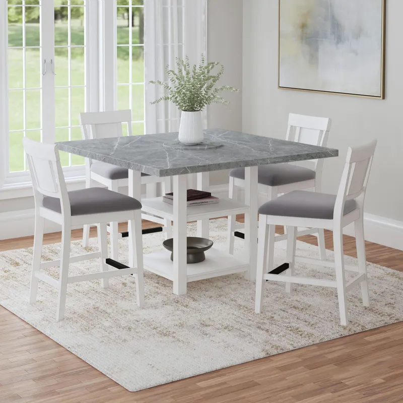 Karina Square Counter Table with Grey Faux Marble and Lazy Susan in Washed White
