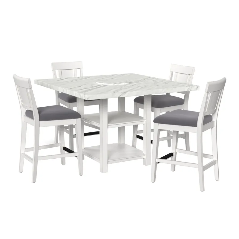 Karina Square Counter Table with White Faux Marble and Lazy Susan in Washed White