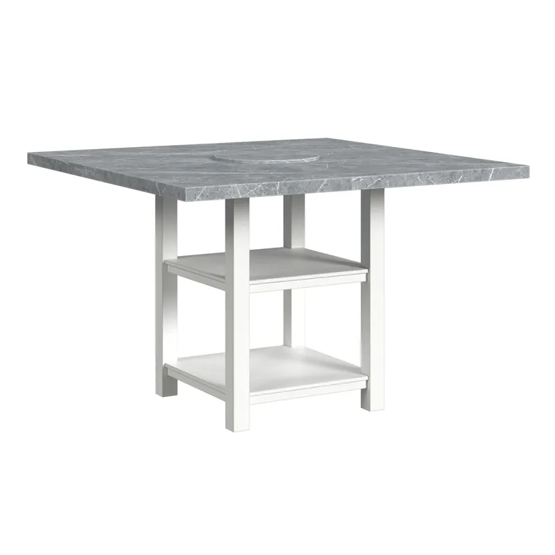 Karina Square Counter Table with Grey Faux Marble and Lazy Susan in Washed White