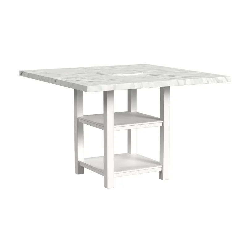 Karina Square Counter Table with White Faux Marble and Lazy Susan in Washed White