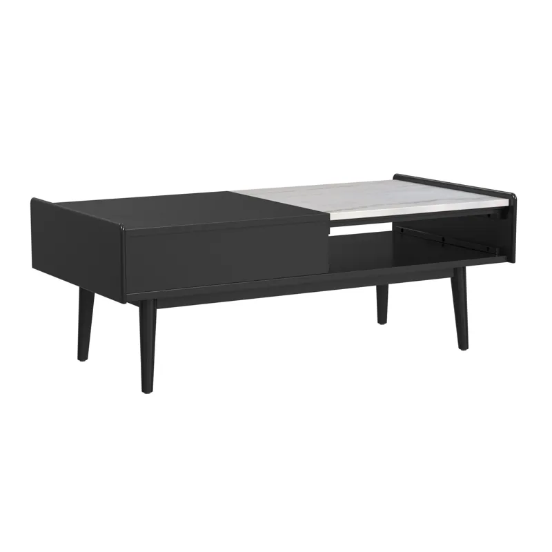 Lanette Coffee Table with White Marble and Lift-Top in Black