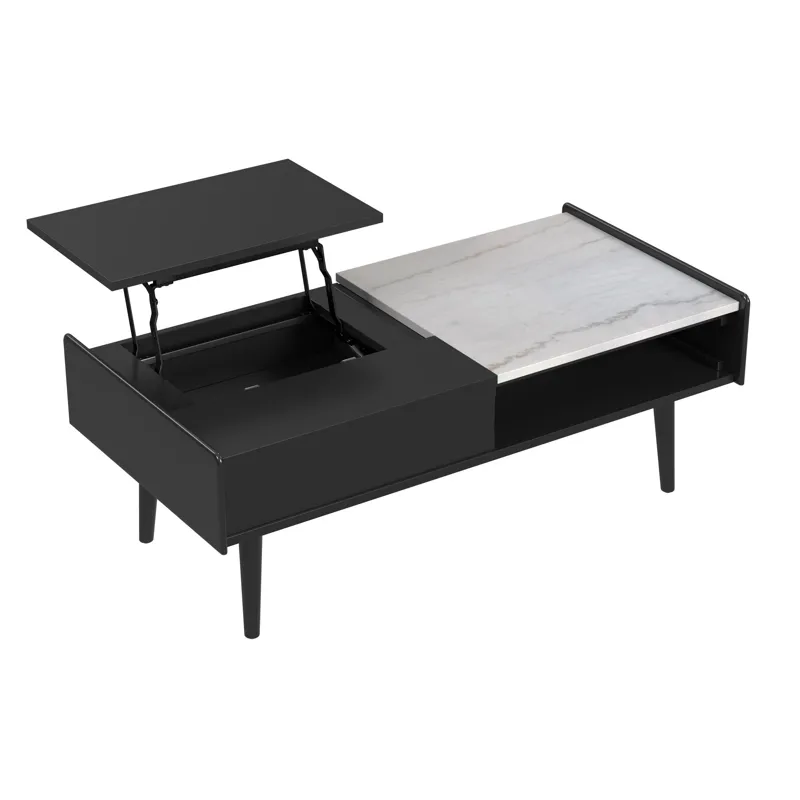 Lanette Coffee Table with White Marble and Lift-Top in Black