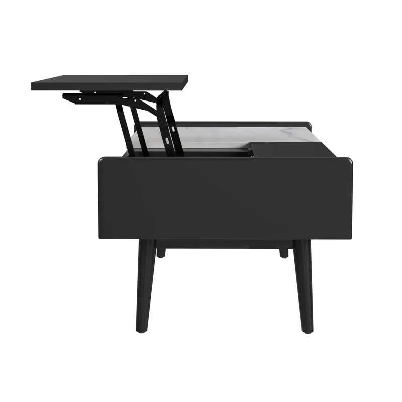 Lanette Coffee Table with White Marble and Lift-Top in Black