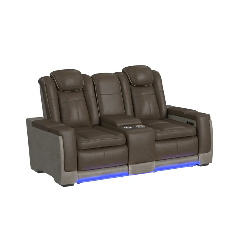 Lantana Power Motion Loveseat with Power Headrest, Led, and Console in Rocky Brown/Grey