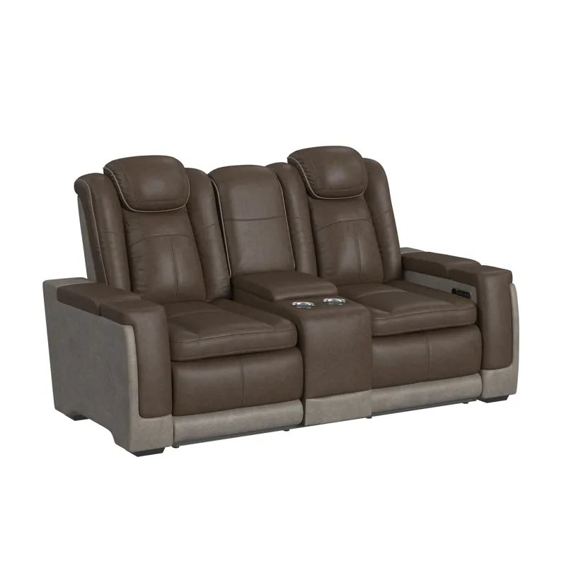 Lantana Power Motion Loveseat with Power Headrest, Led, and Console in Rocky Brown/Grey