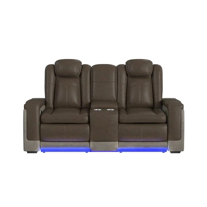Lantana Power Motion Loveseat with Power Headrest, Led, and Console in Rocky Brown/Grey