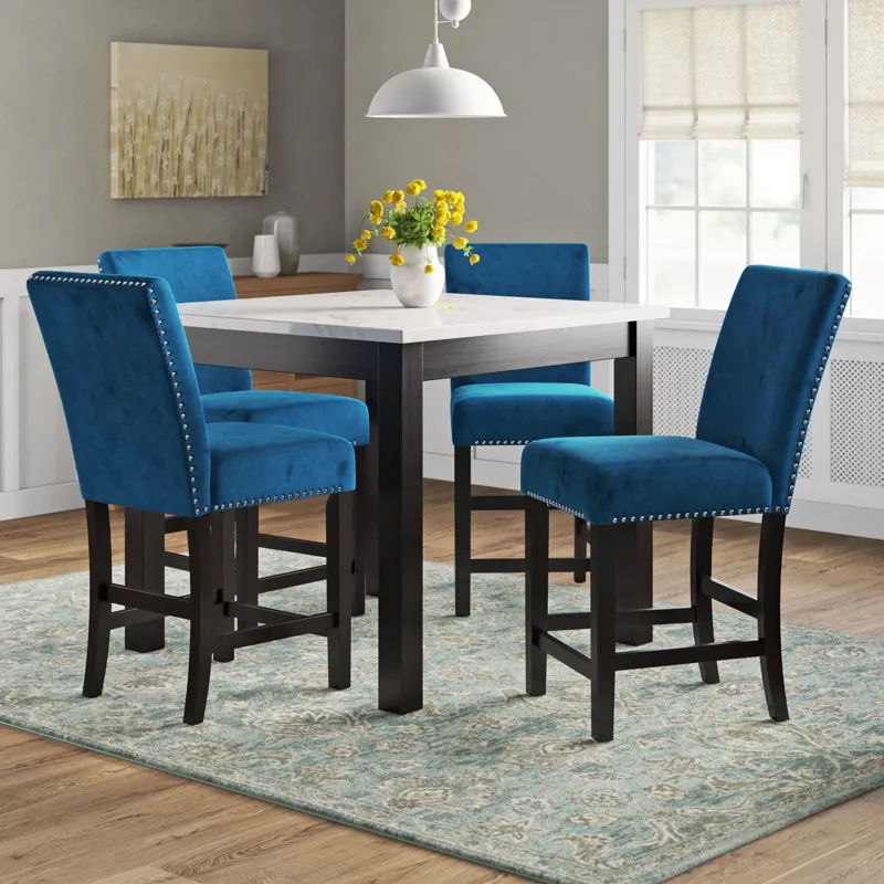 Marco 5pc Counter Set Single Pack in White Top (Counter + 4 Chair in Blue Velvet)