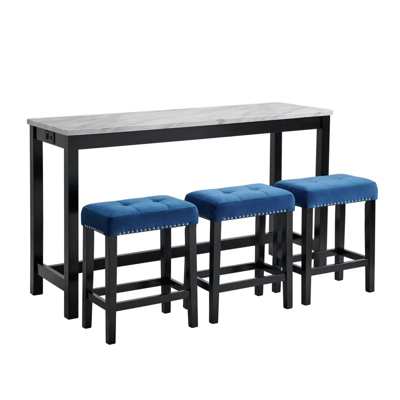 Marco Bar Table Set Single Pack in White Top (Table + 3 Stool in Blue Velvet)