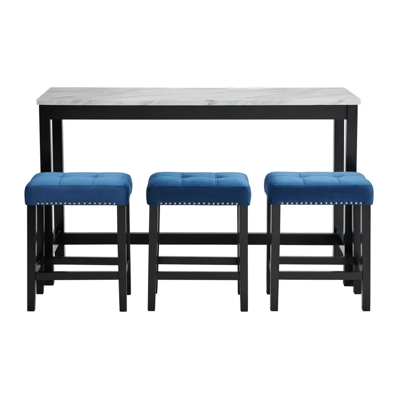 Marco Bar Table Set Single Pack in White Top (Table + 3 Stool in Blue Velvet)