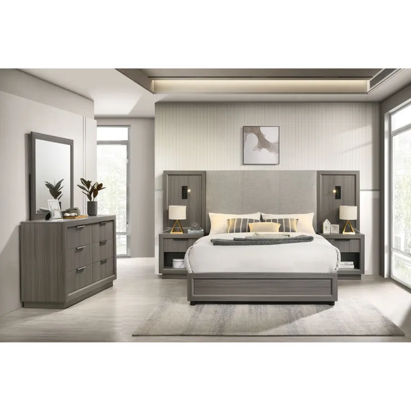 Martina King UPH Bed with Palmer Smoke Fabric, 2 Piers, and 2 Nightstands in Grey