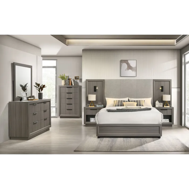 Martina King UPH Bed with Palmer Smoke Fabric, 2 Piers, and 2 Nightstands in Grey