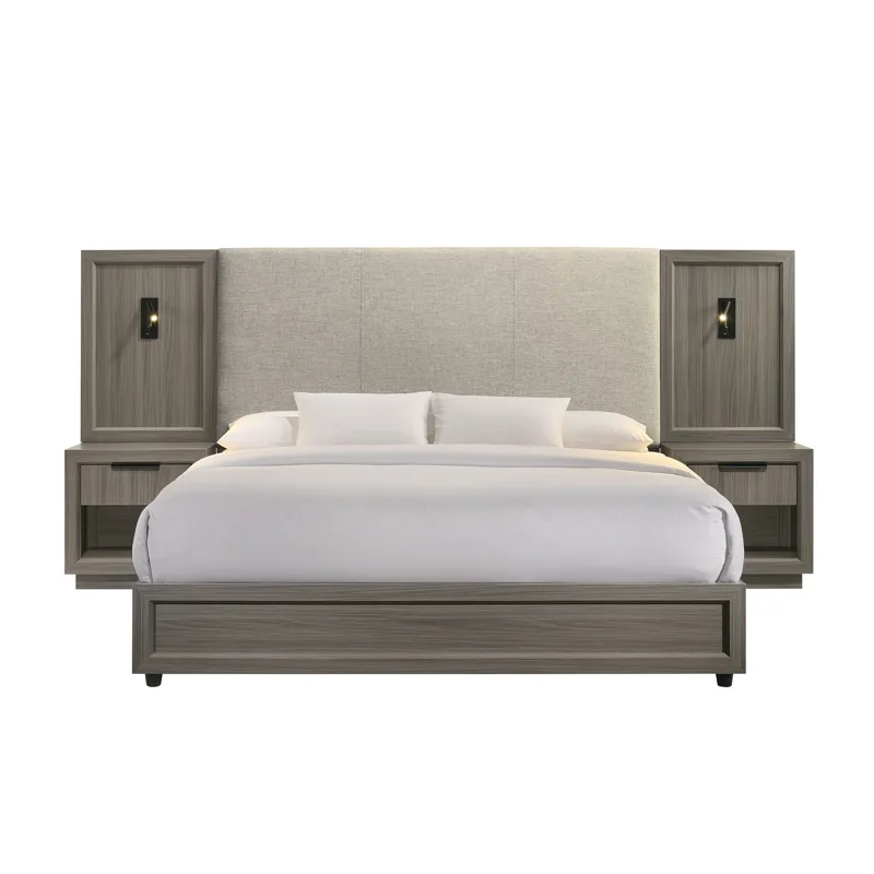 Martina King UPH Bed with Palmer Smoke Fabric, 2 Piers, and 2 Nightstands in Grey