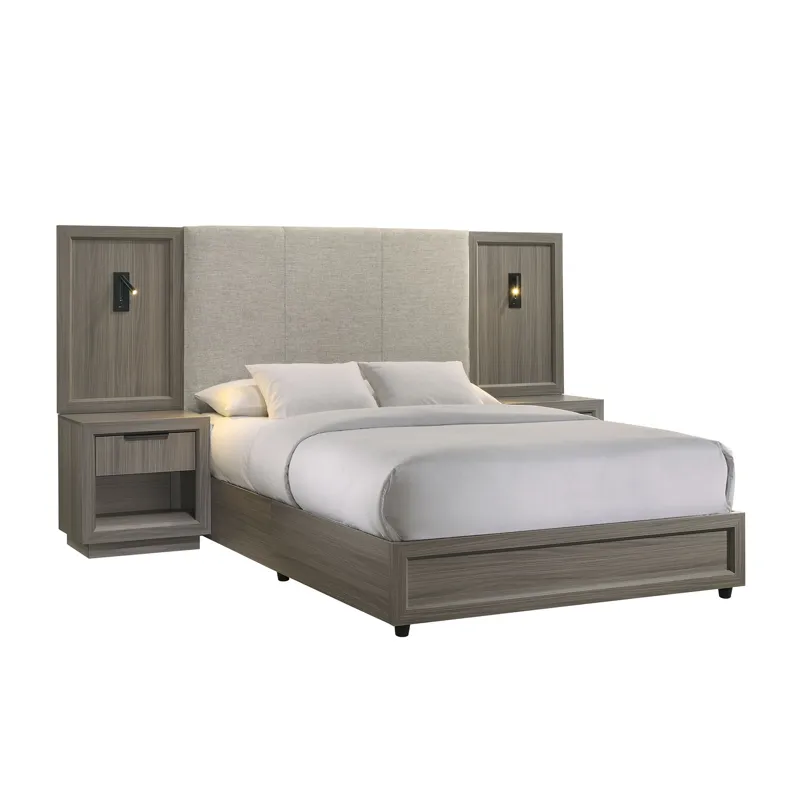 Martina Queen UPH Bed with Palmer Smoke Fabric, 2 Piers, and 2 Nightstands in Grey