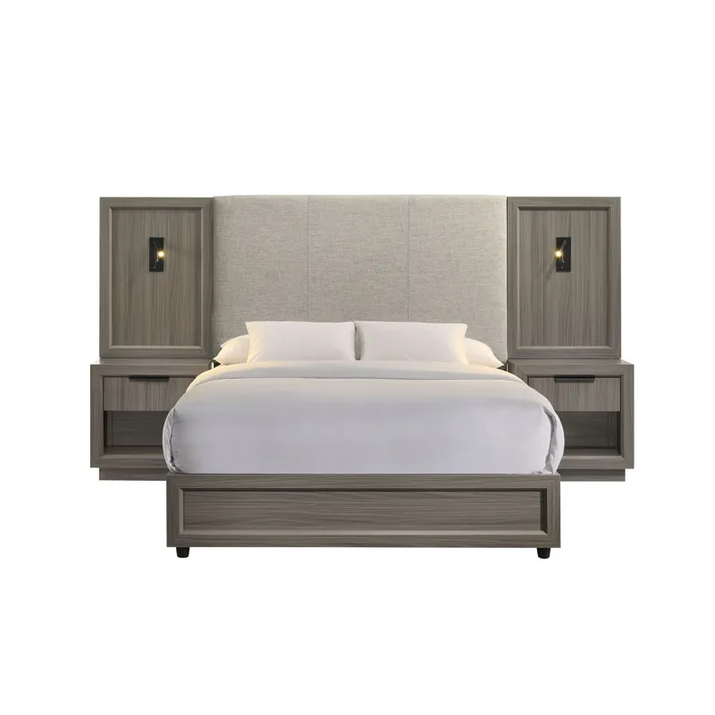 Martina Queen UPH Bed with Palmer Smoke Fabric, 2 Piers, and 2 Nightstands in Grey