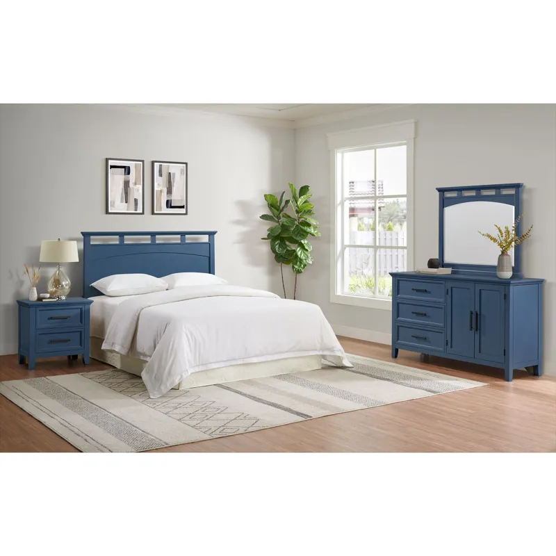 Matias RTA Bedroom Set with Queen/Full Headboard, Dresser, Mirror & Nightstand in Blue